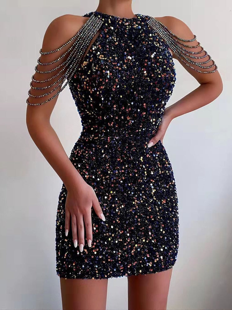 Kissnovaa - Neck Hanging Sexy Crystal Fringe Sequin Dress