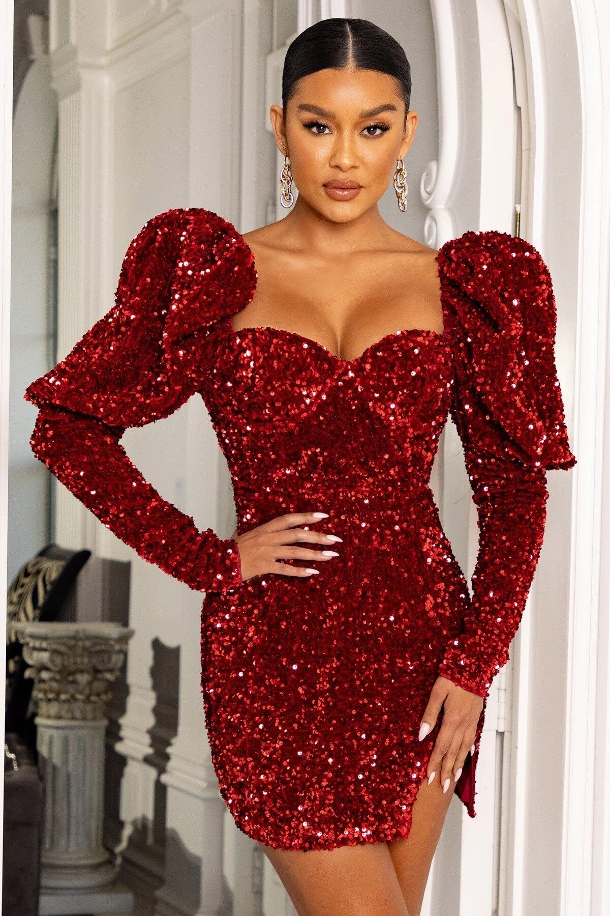 Kissnovaa - Solid Sequins Square Neck Puff Sleeve Club Mini Dress
