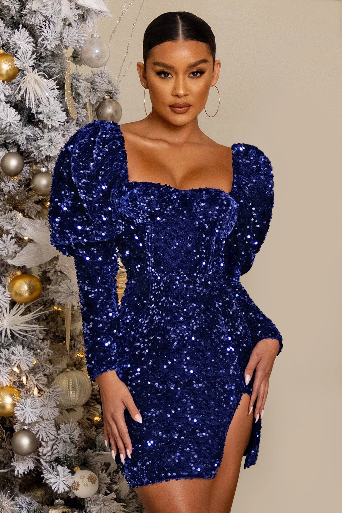 Kissnovaa - Solid Sequins Square Neck Puff Sleeve Club Mini Dress