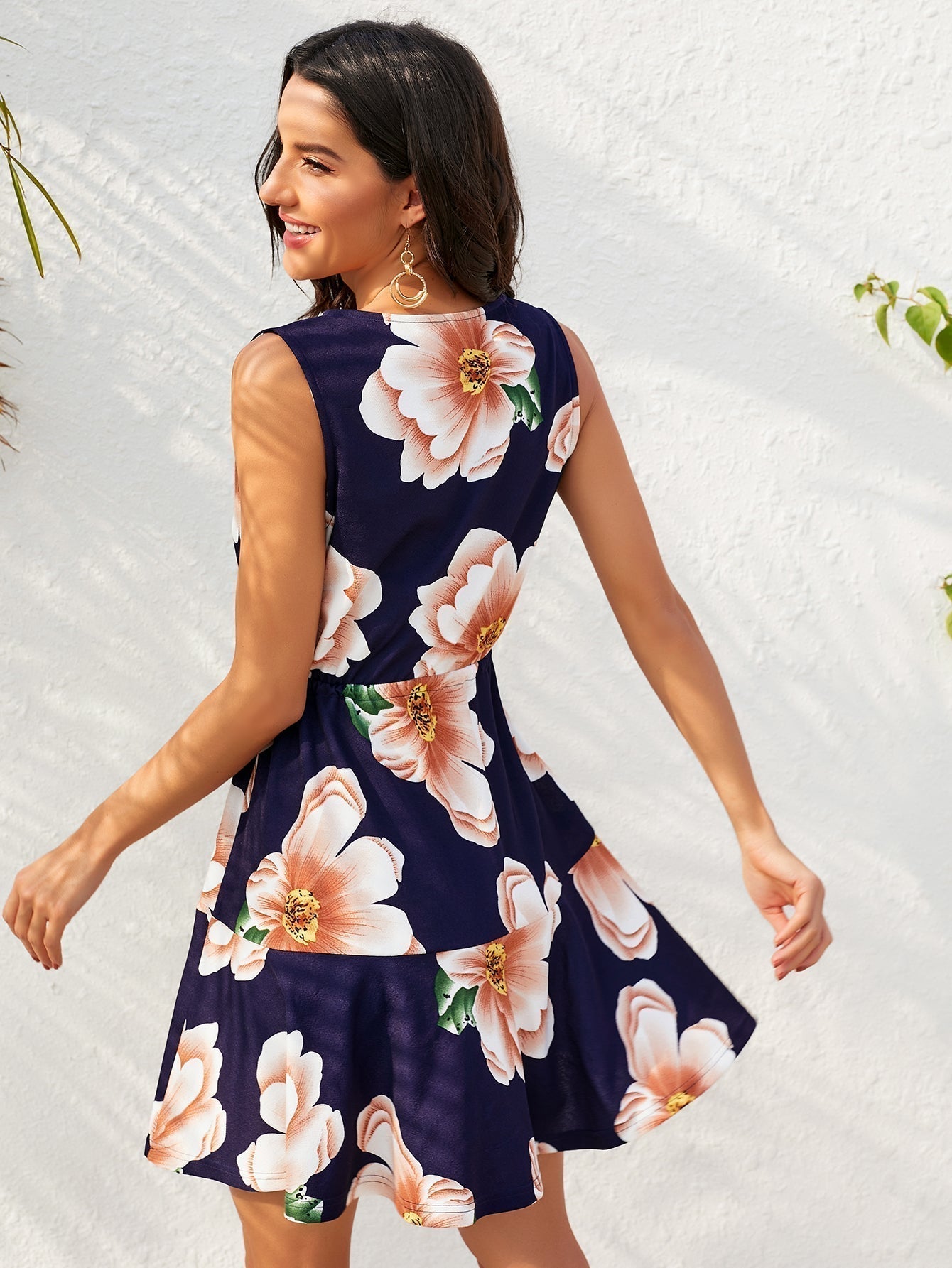 Flower Print Surplice Neck Drawstring Waist A Line Mini Dress