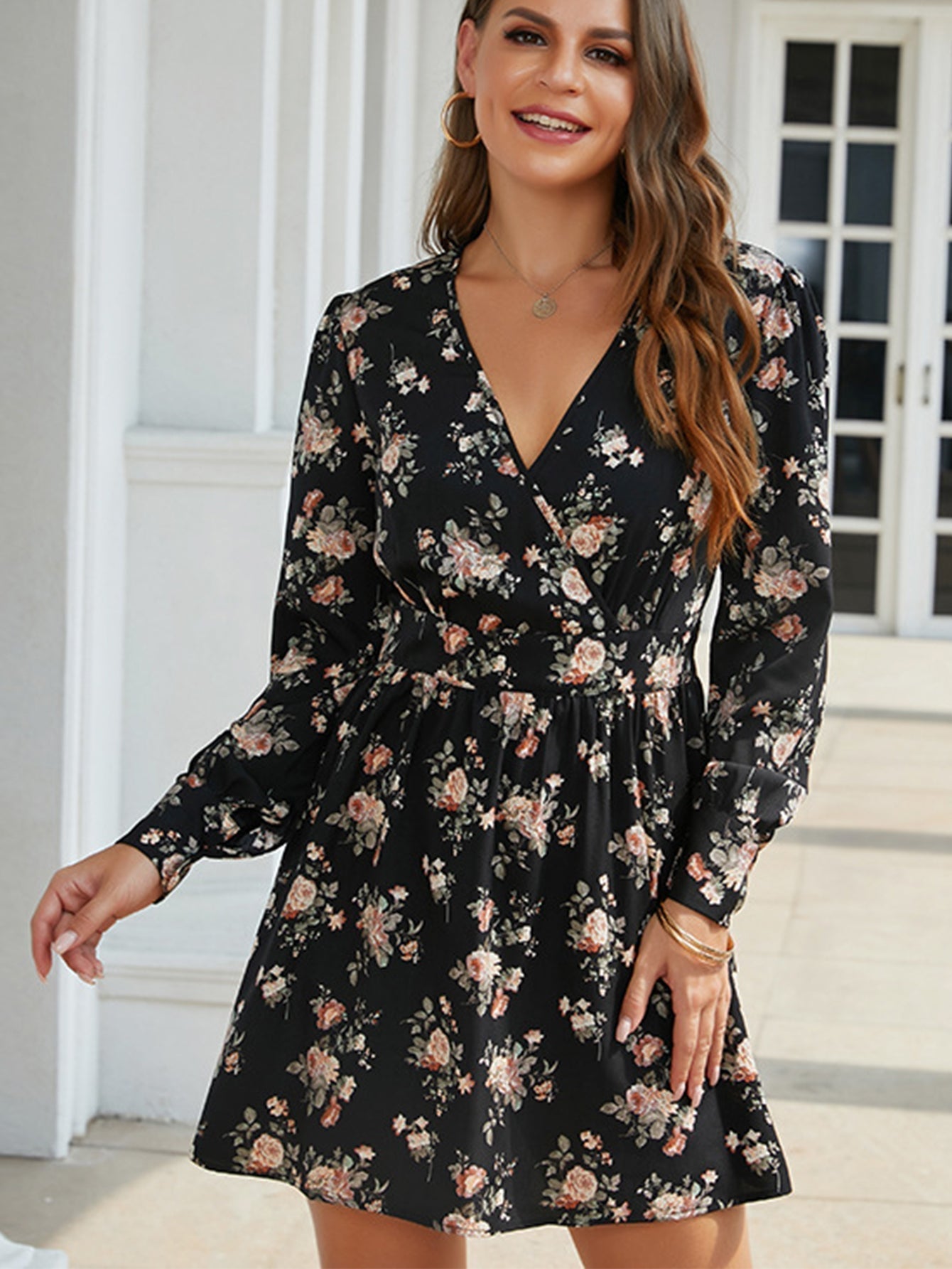 Botanical Print Surplice Neck Mini Dress