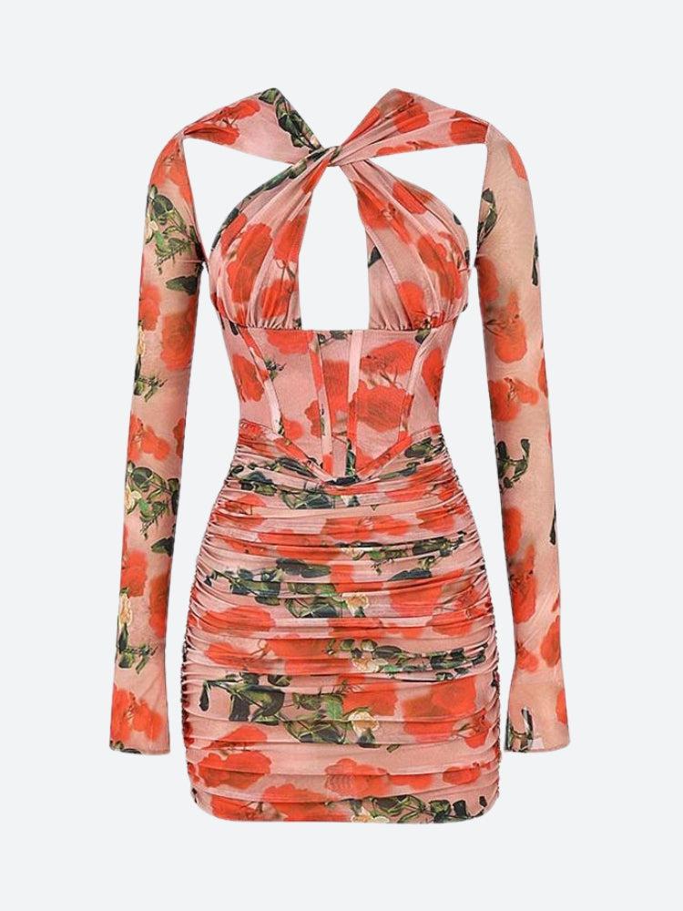 Botanical Ruched Corset Mini Dress