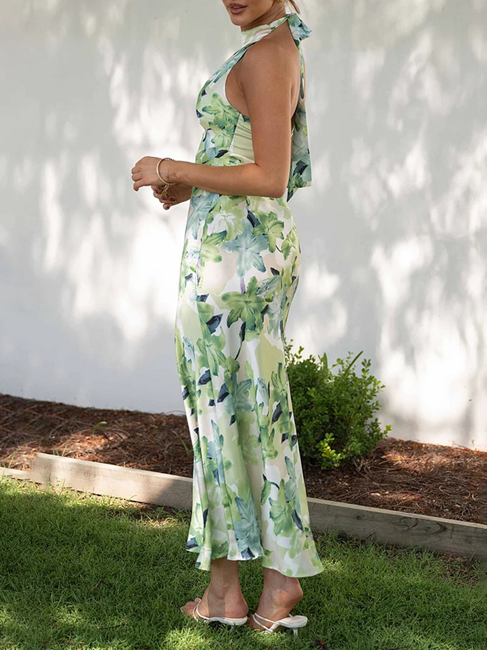 Botanical Print Halter Backless Flowy Vacation Maxi Dresses