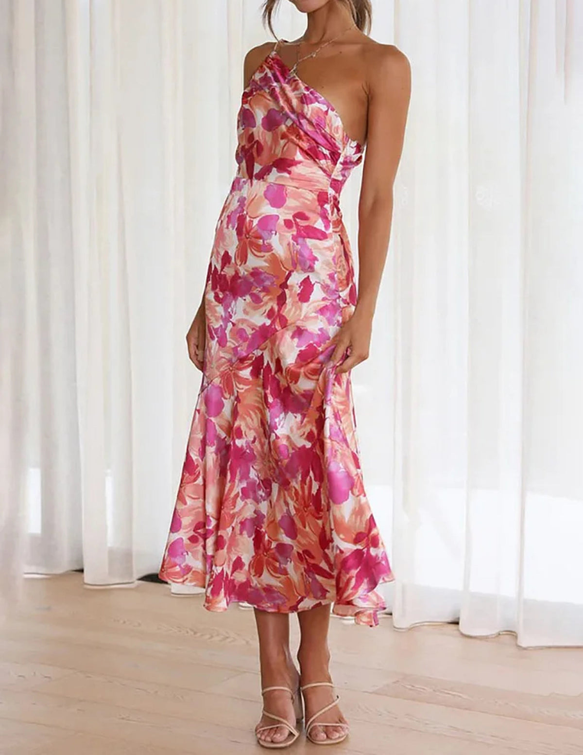 Pink Flower One Shoulder Ruched Satin Dress