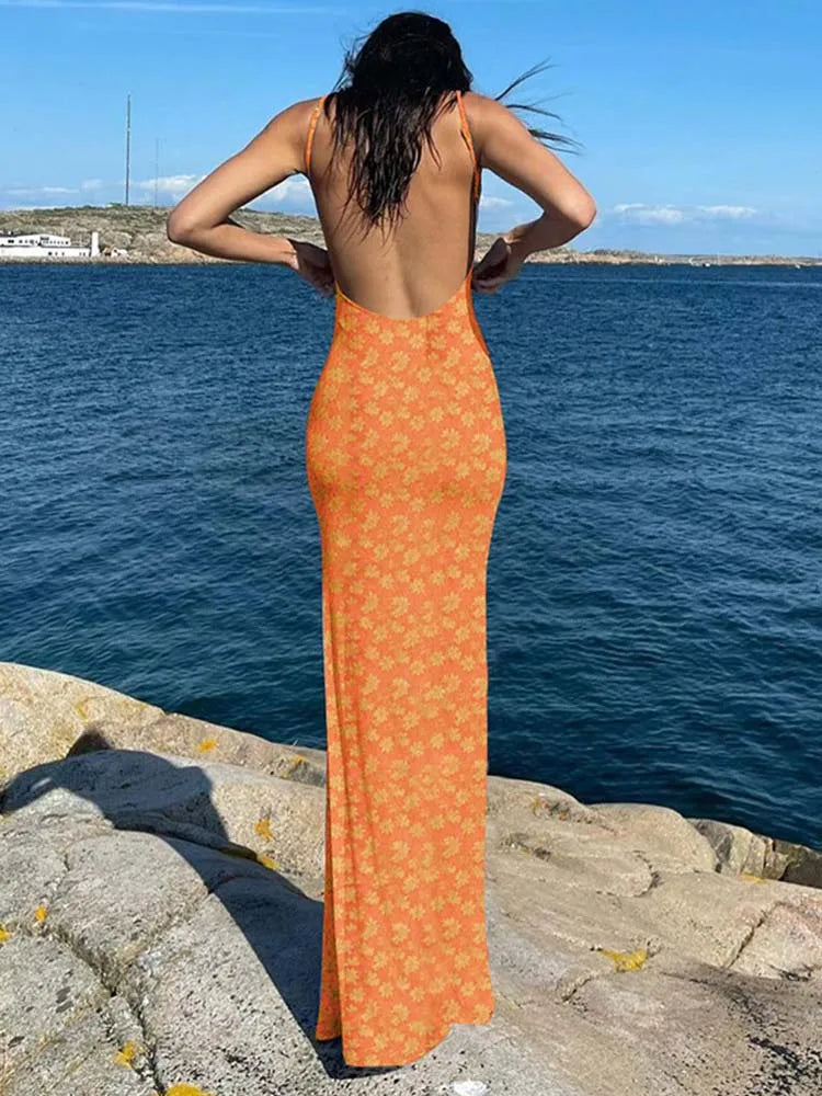 Slip Flower Sleeveless Backless Slim Spring Streetwear Party Concise Midi Dresses