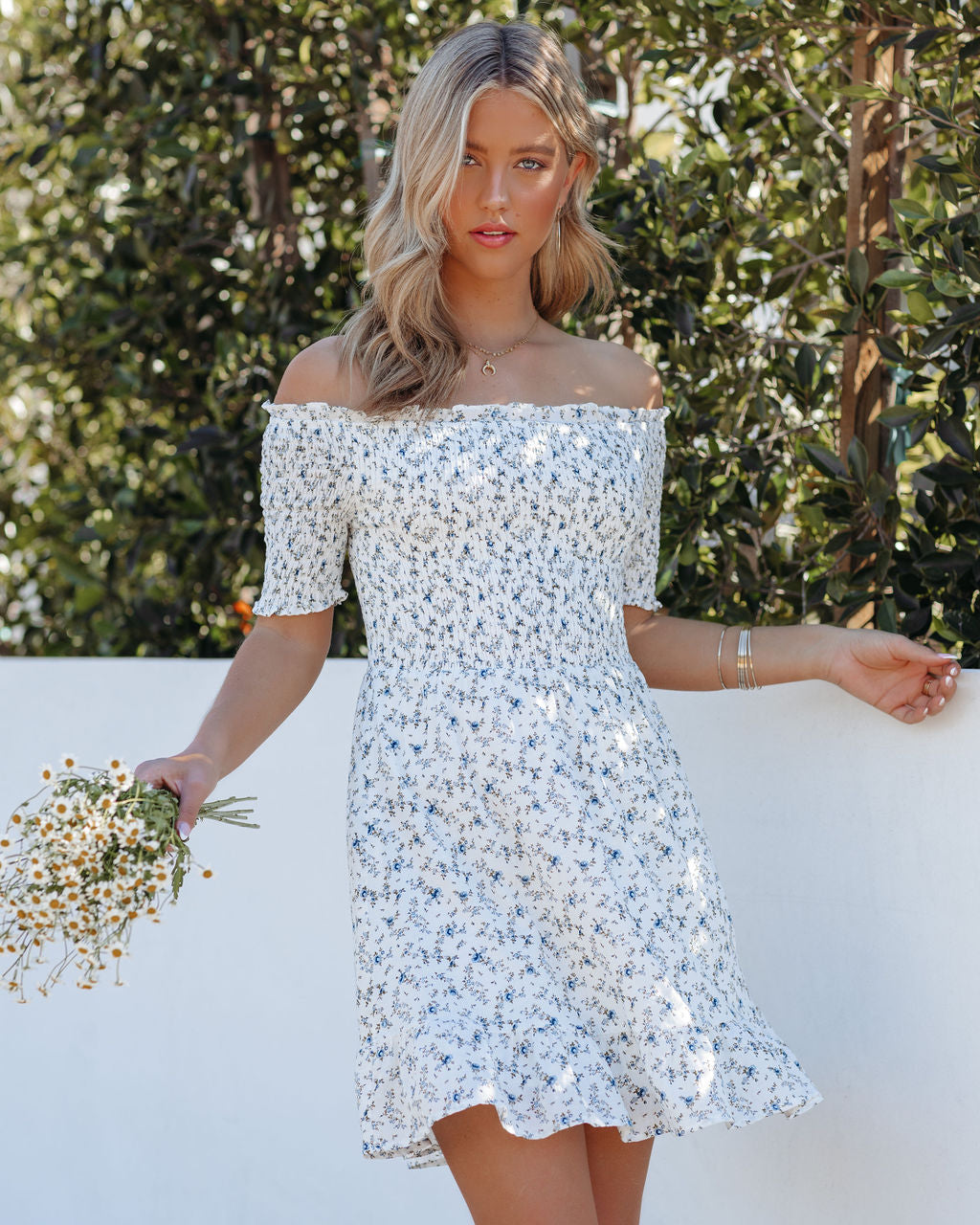Gionna Flower Smocked Off The Shoulder Dress Ivory