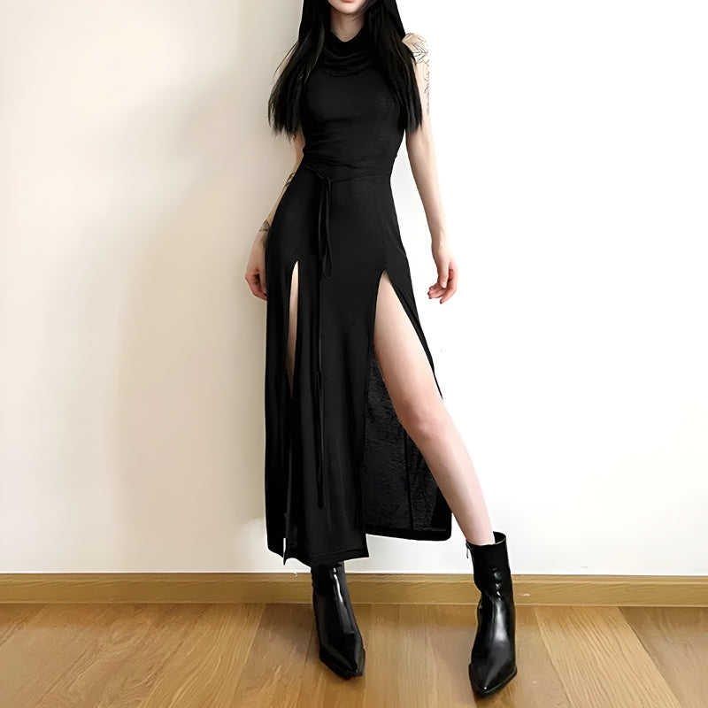 Hooded Goth Cut Out Back Midi Dress