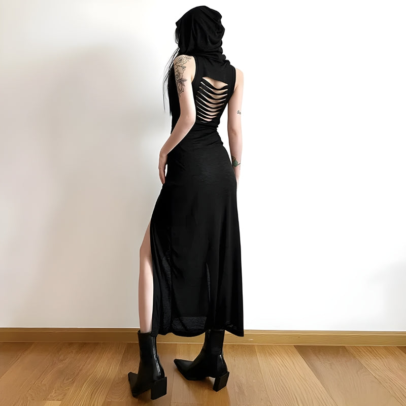 Hooded Goth Cut Out Back Midi Dress
