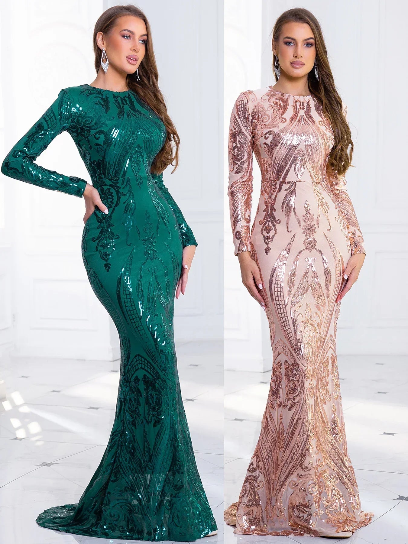 Green Stretch Sequin Long Sleeved Evening Night Prom Dress Bodycon Party Dress