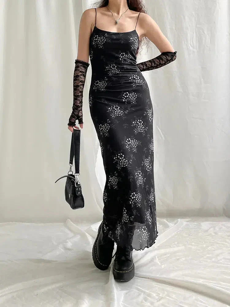 Grunge Flower Mesh Midi Dress