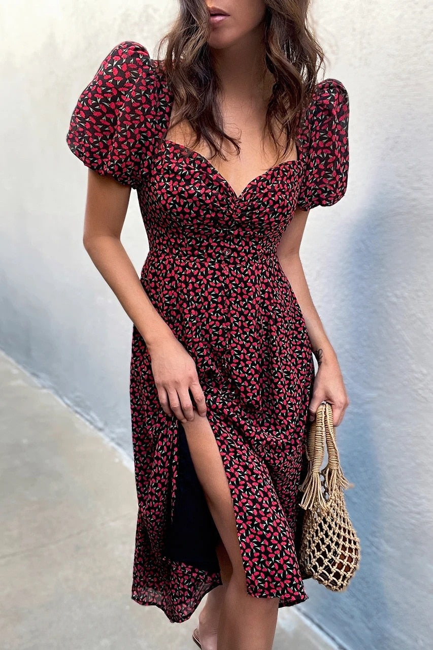 Midi Dress Vintage Floral Print Split Blue Sundress Refined Party Beach Dress