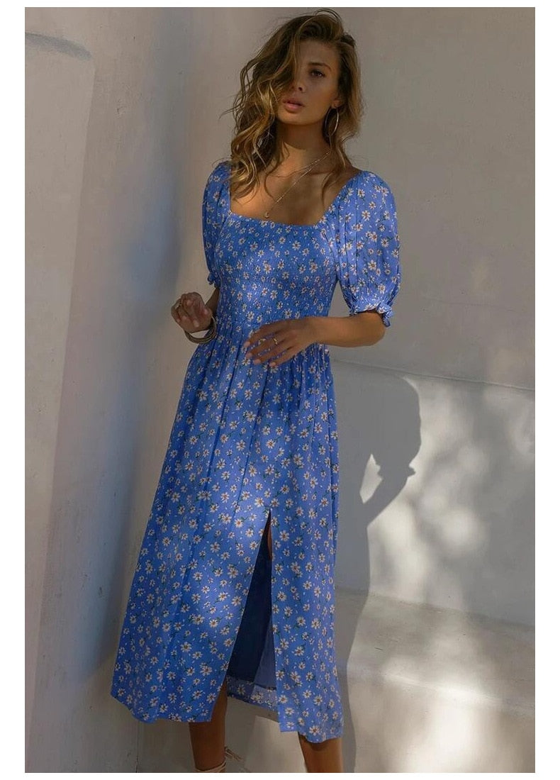 Midi Dress Vintage Floral Print Split Blue Sundress Refined Party Beach Dress