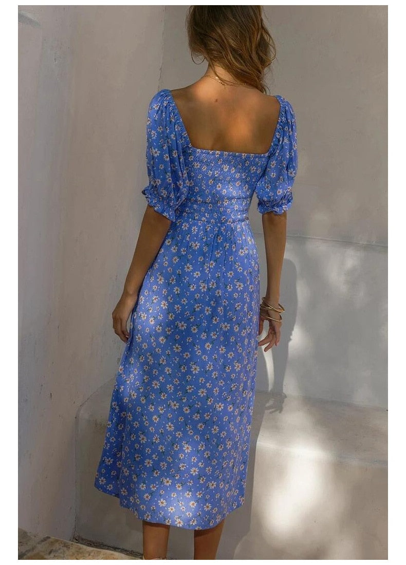 Midi Dress Vintage Floral Print Split Blue Sundress Refined Party Beach Dress