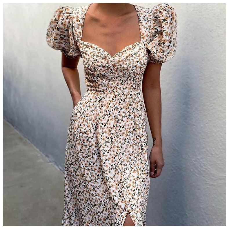 Midi Dress Vintage Floral Print Split Blue Sundress Refined Party Beach Dress