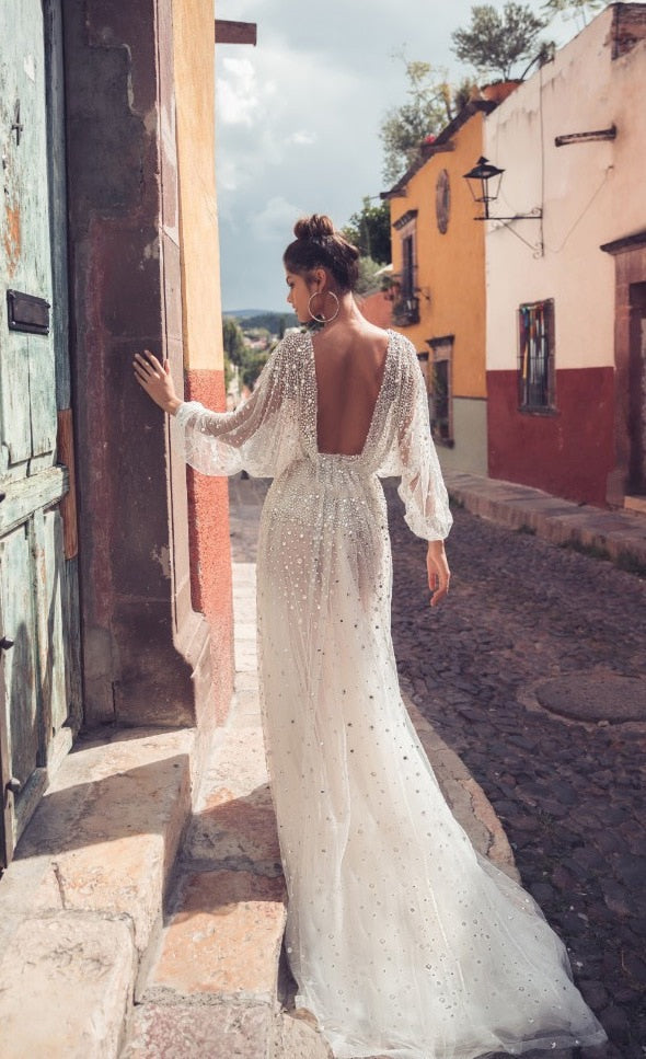 Kissnovaa - Sexy V-Neck Mesh Backless Refined Prom Party Dress