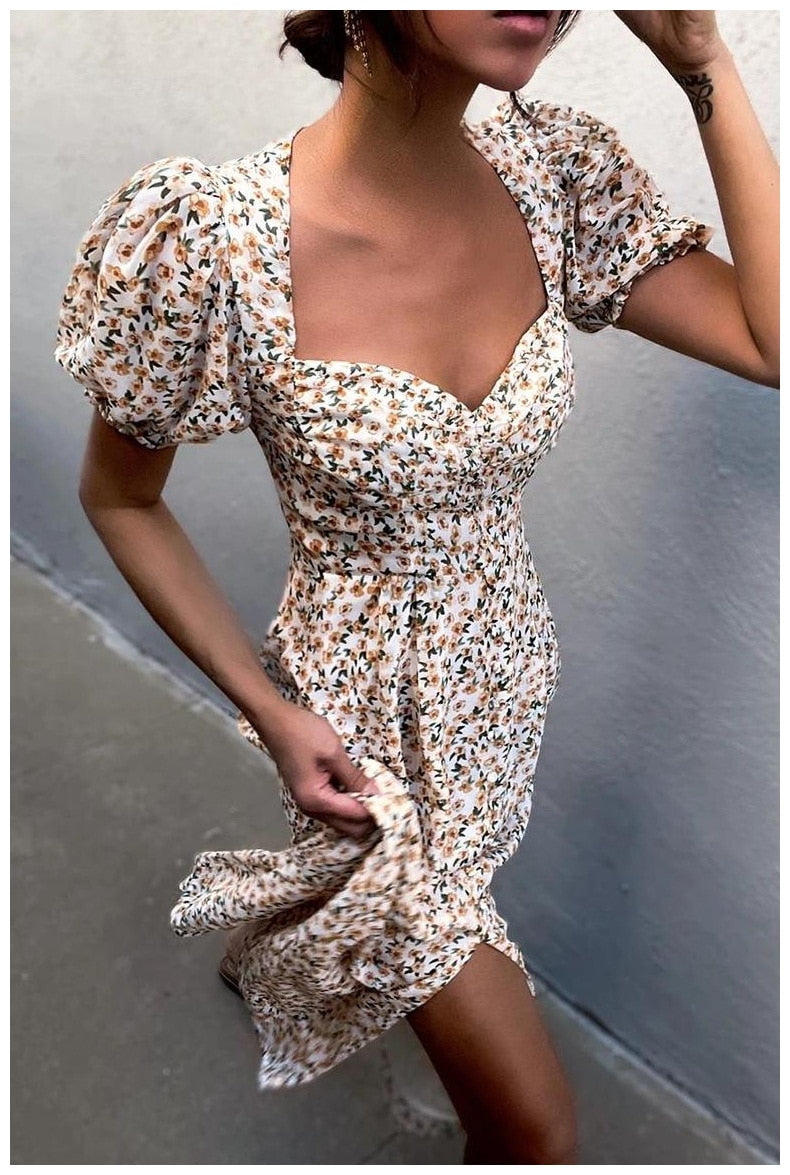 Midi Dress Vintage Floral Print Split Blue Sundress Refined Party Beach Dress