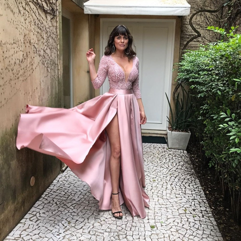 Kissnovaa - Solid V-Neck Long Sleeve Celebrity Party Maxi Dress