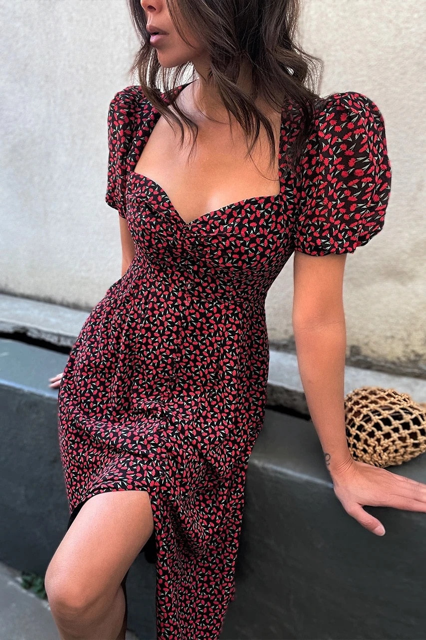 Midi Dress Vintage Floral Print Split Blue Sundress Refined Party Beach Dress