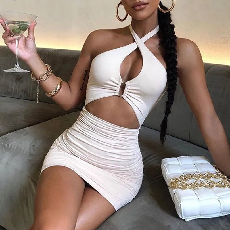 Ruched Hollow Halter Bodycon Mini Dress