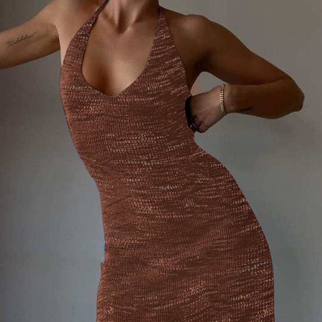 VNeck Halter Knitted Women's Midi Dress