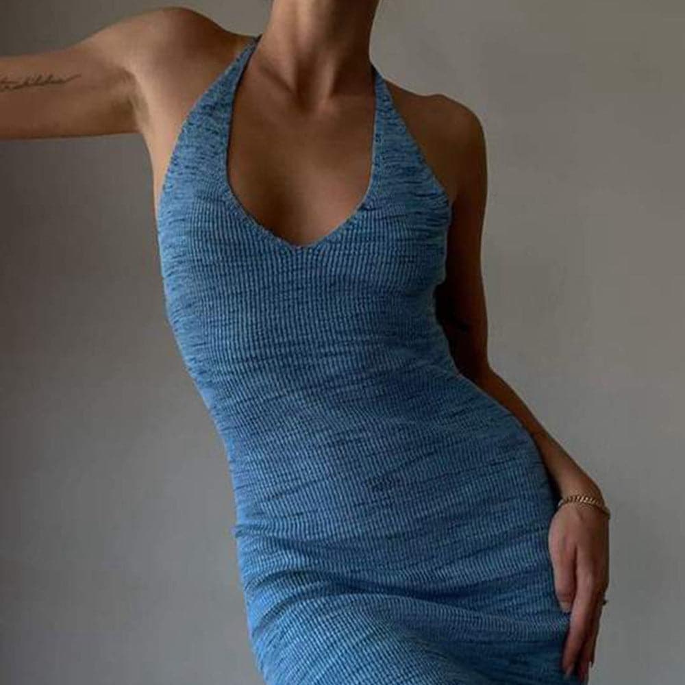 VNeck Halter Knitted Women's Midi Dress