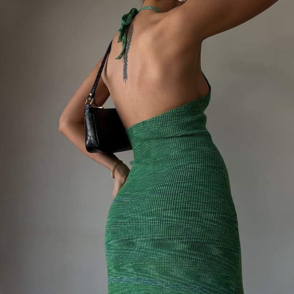 VNeck Halter Knitted Women's Midi Dress