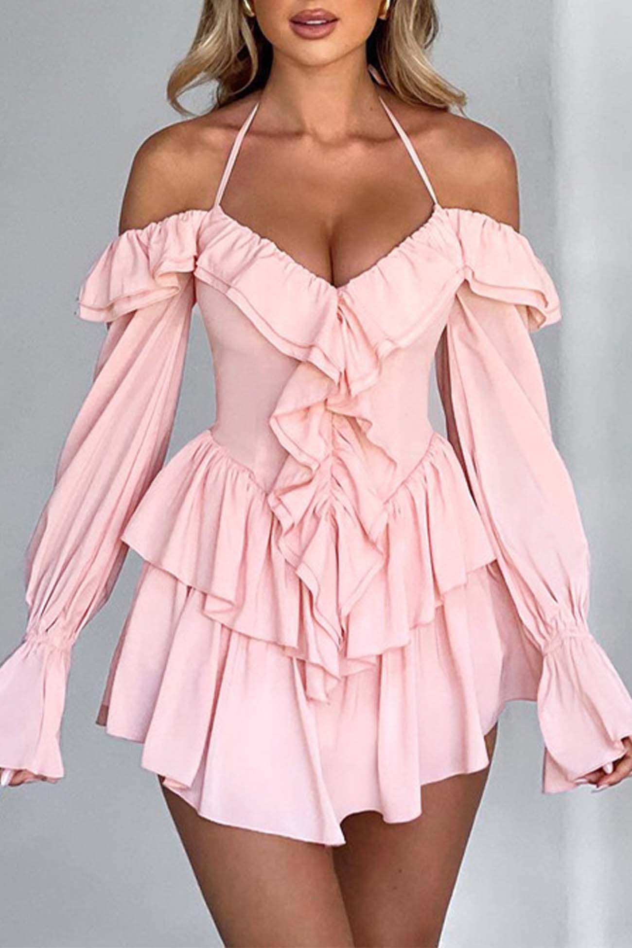Off Halter The Shoulder Ruffled Mini Dress