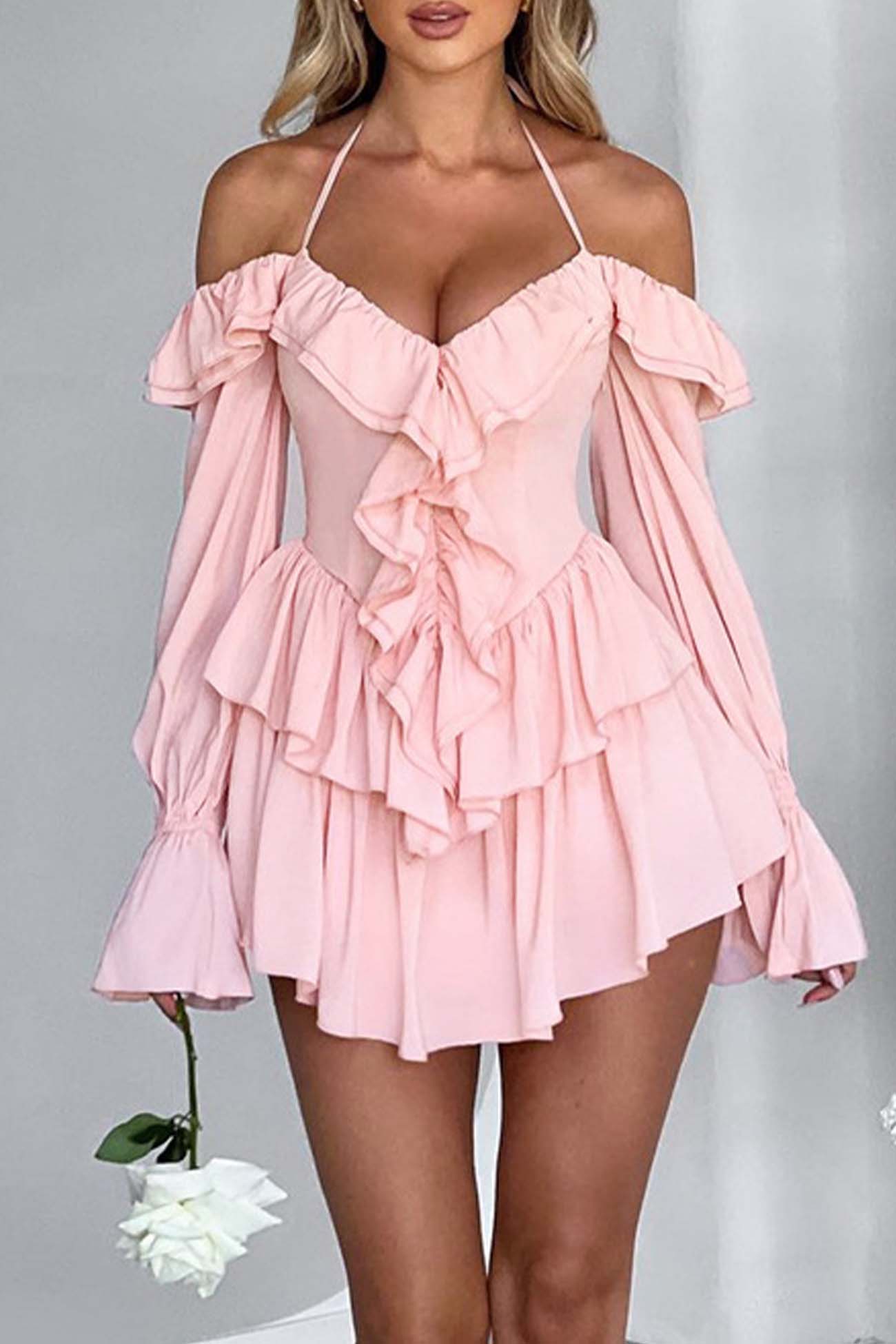 Off-The-Shoulder Halter Ruffled Mini Dress