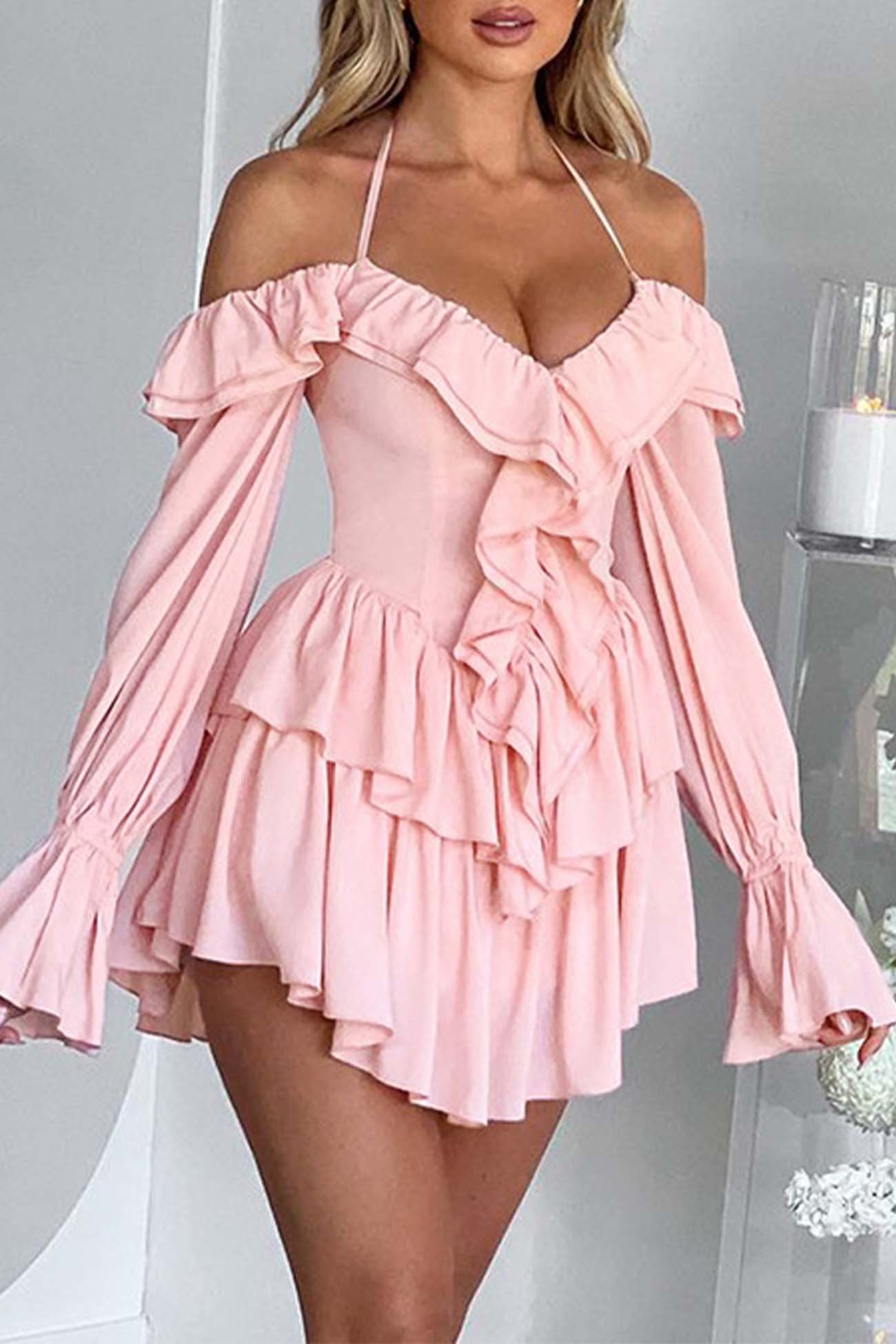 Off Halter The Shoulder Ruffled Mini Dress