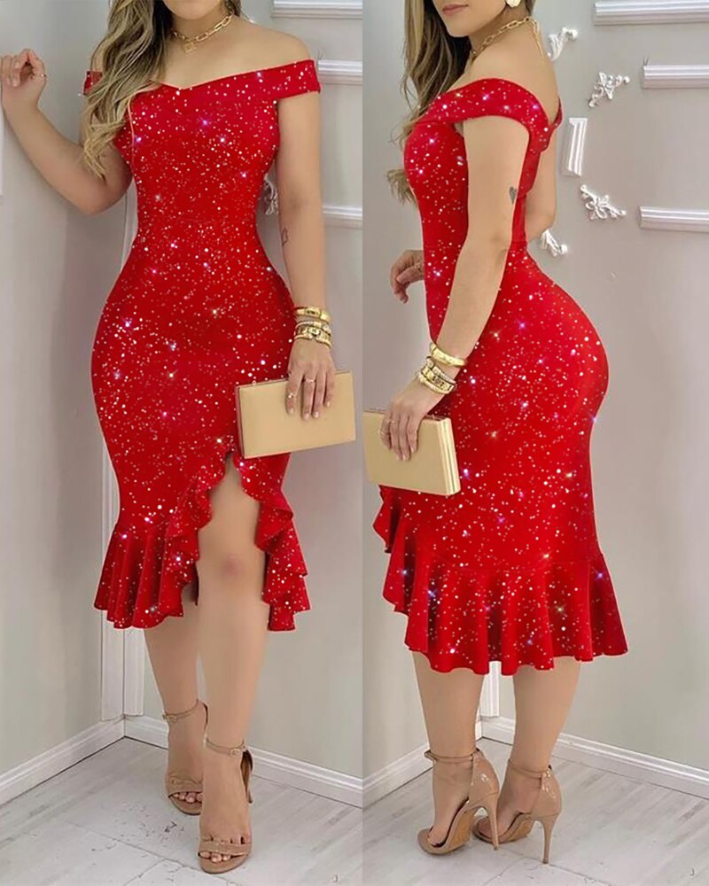 Graceful Glitter OffShoulder Ruffles Slit Midi Dress Party Solid Dress