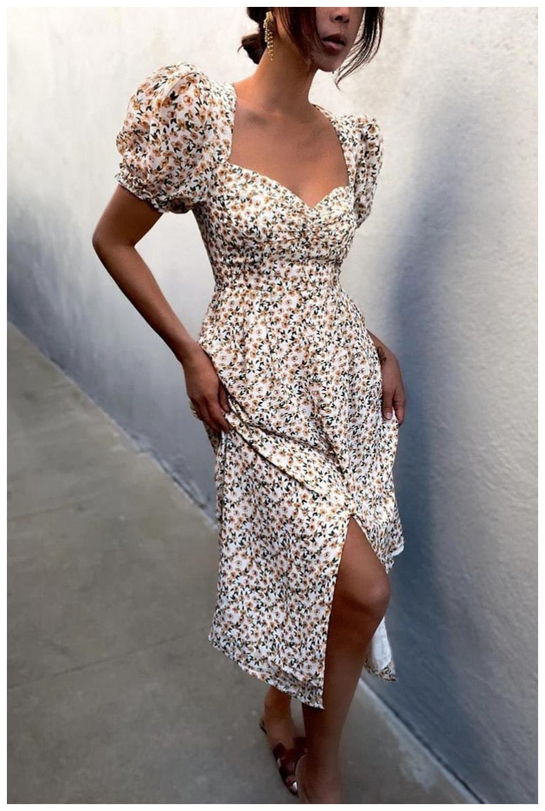 Midi Dress Vintage Floral Print Split Blue Sundress Refined Party Beach Dress