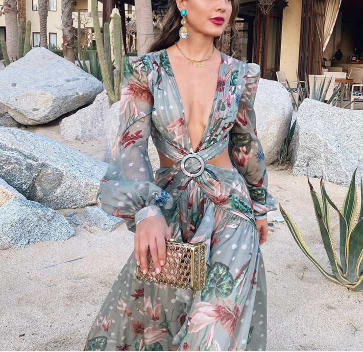Kissnovaa - Long Sleeved Ruffles Deep V Neck Long Beach Prom Dresses