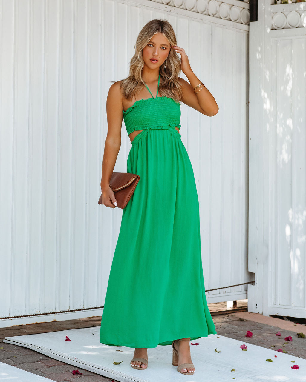Hit The Beach Smocked Halter Maxi Dress Kelly Green
