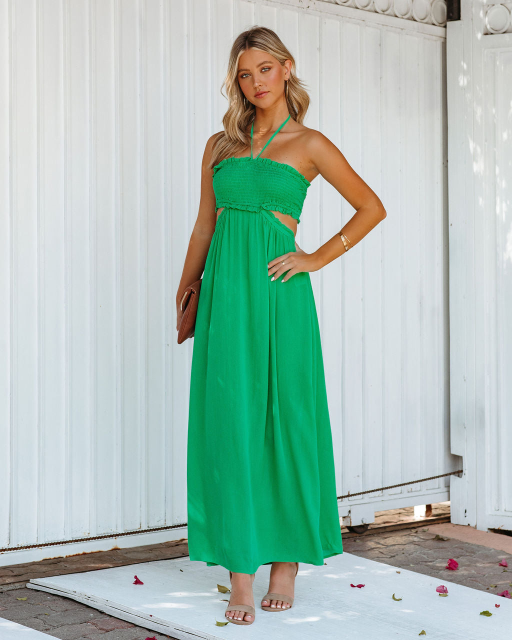 Hit The Beach Smocked Halter Maxi Dress Kelly Green