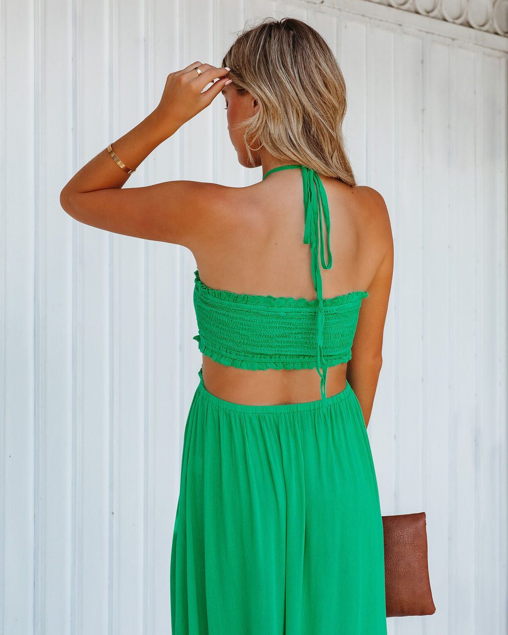Hit The Beach Smocked Halter Maxi Dress Kelly Green