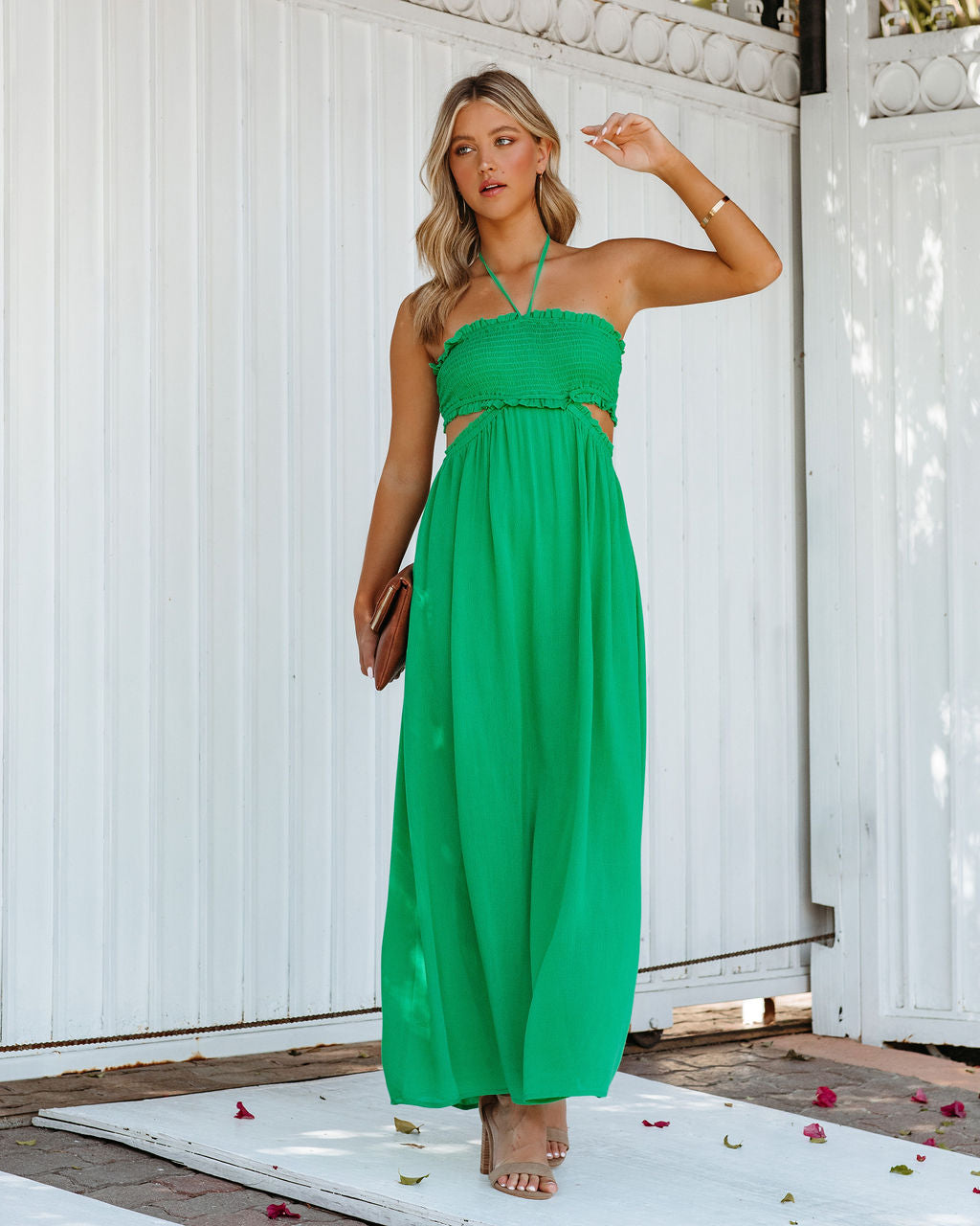 Hit The Beach Smocked Halter Maxi Dress Kelly Green