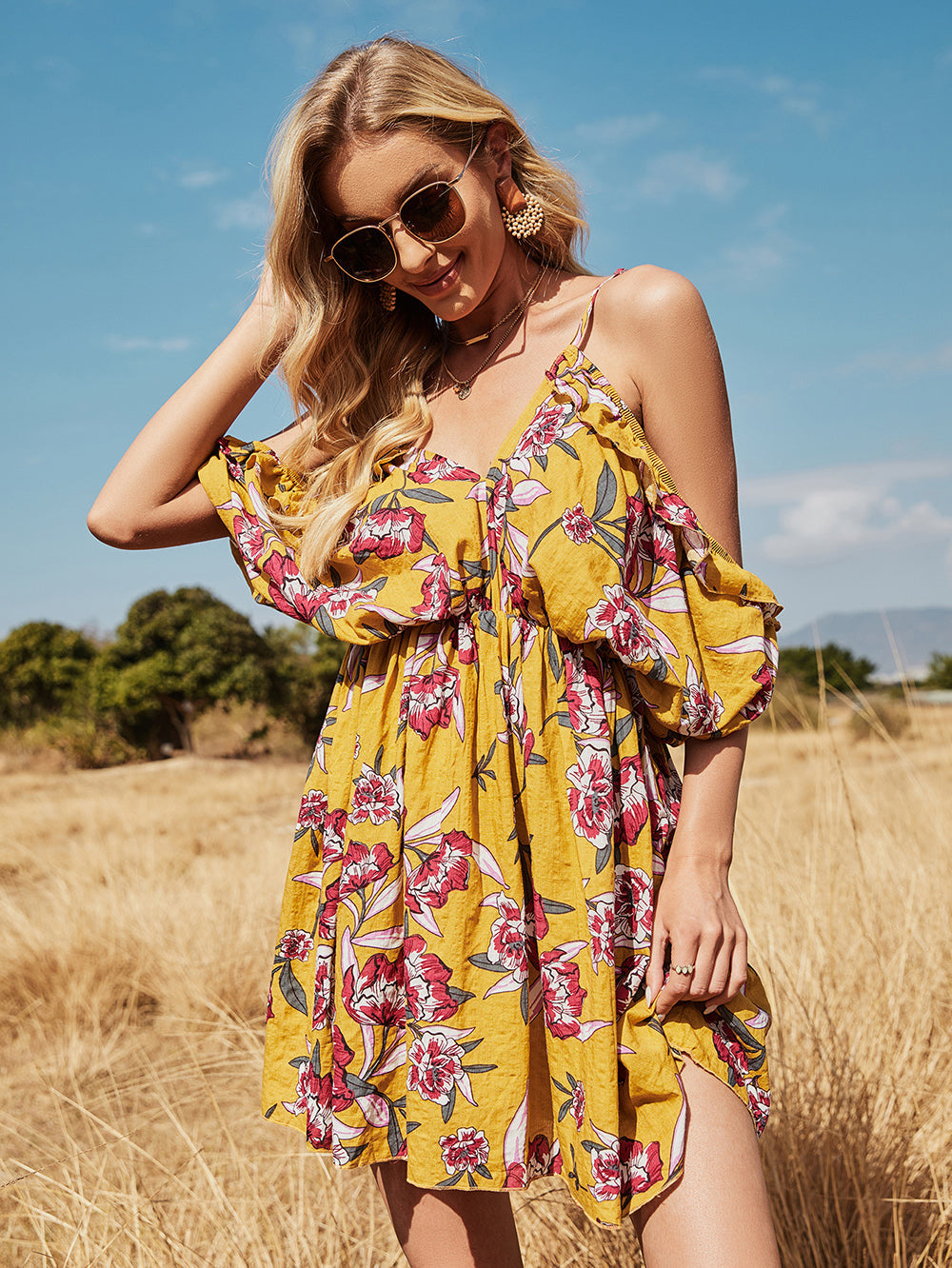 Holiday Beach Wedding Botanical Off shoulder Bat sleeve Halter Suspender Dress