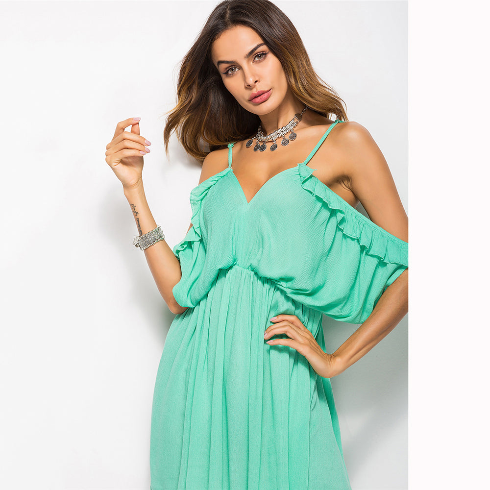 Holiday Beach Wedding Botanical Off shoulder Bat sleeve Halter Suspender Dress