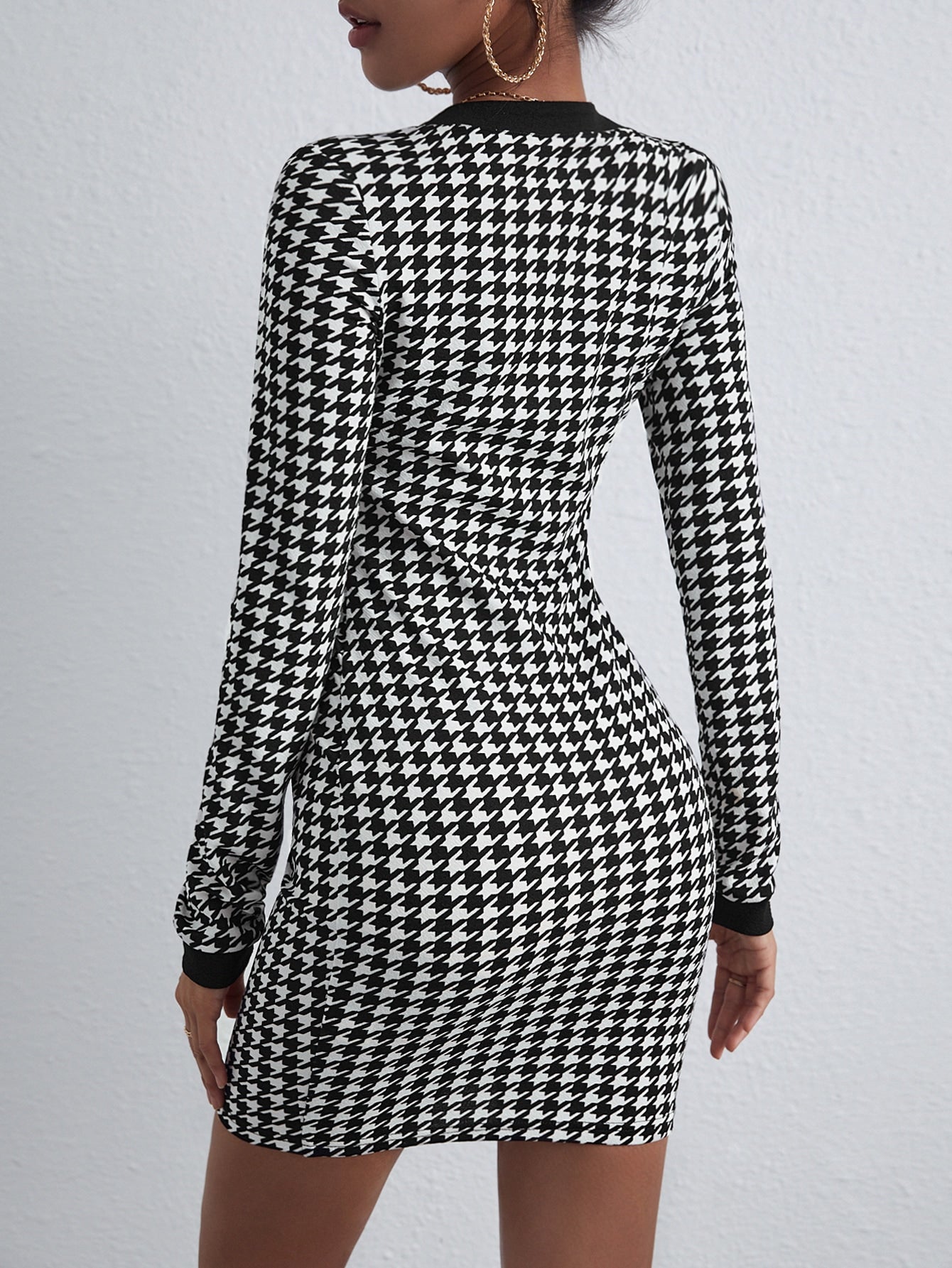 Button Houndstooth Up Bodycon Dress