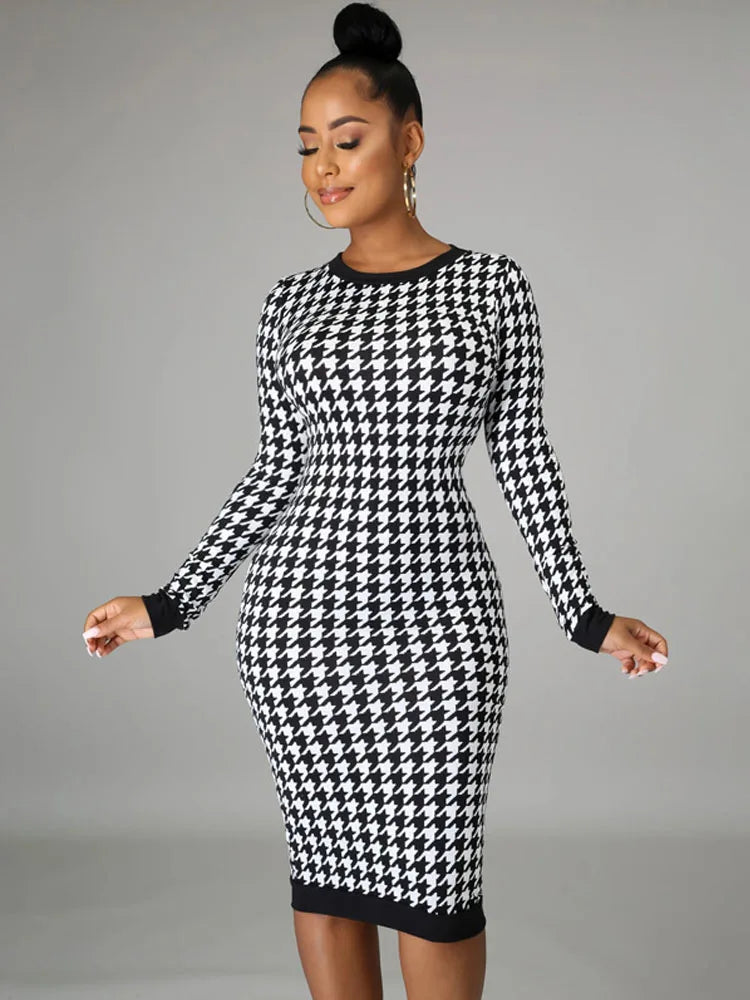 Houndstooth Long Sleeve Hollow Out Bodycon Autumn Winter Club Refined Slim Midi Dresses