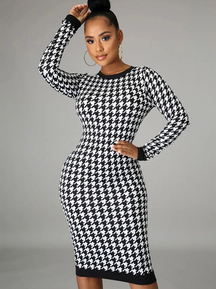 Houndstooth Long Sleeve Hollow Out Bodycon Autumn Winter Club Refined Slim Midi Dresses