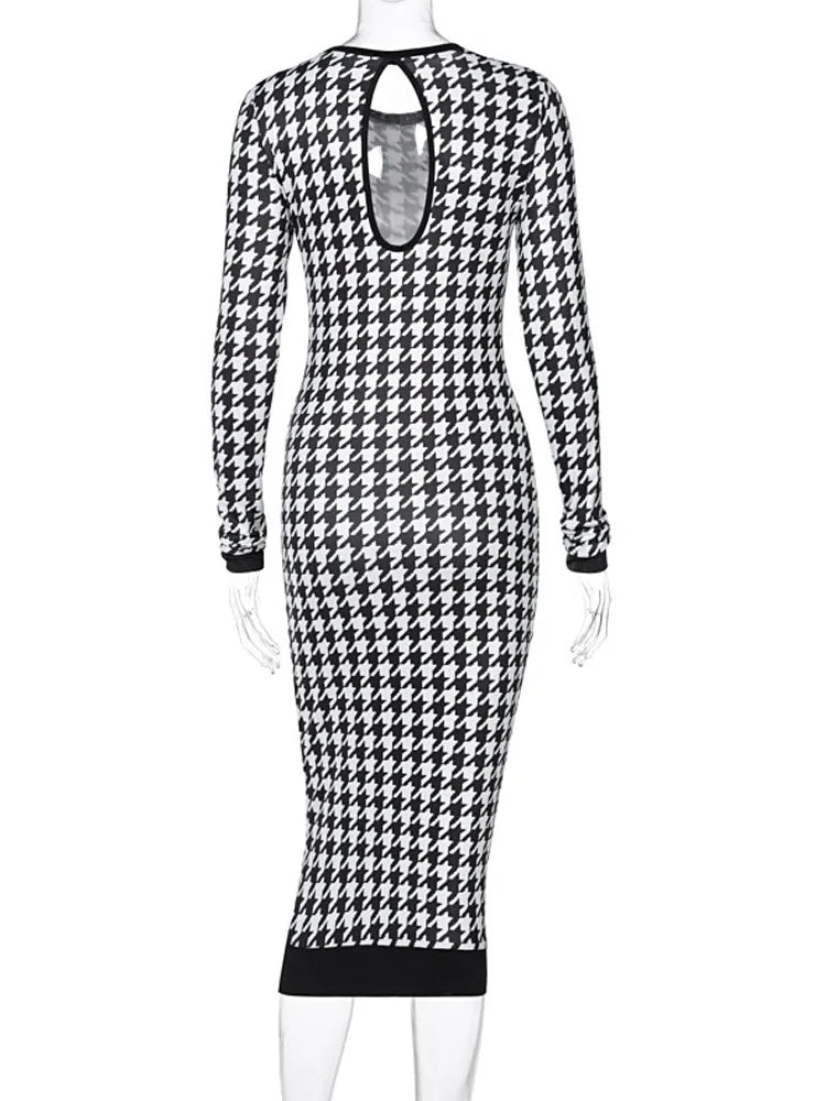 Houndstooth Long Sleeve Hollow Out Bodycon Autumn Winter Club Refined Slim Midi Dresses
