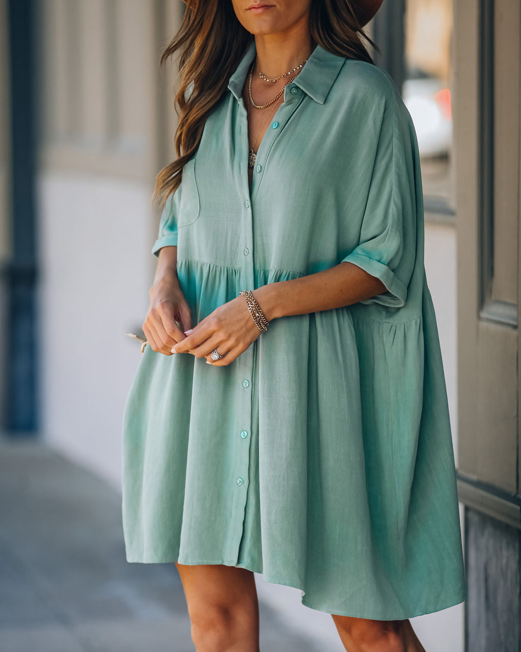 Linen Hails Blend Button Down Shirt Dress Sage
