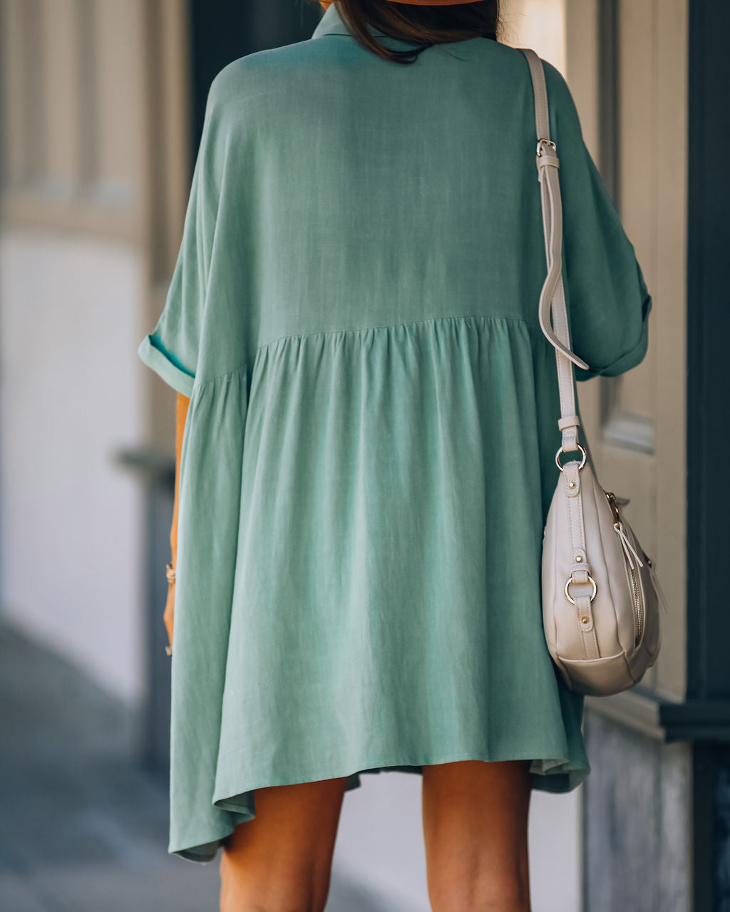 Linen Hails Blend Button Down Shirt Dress Sage