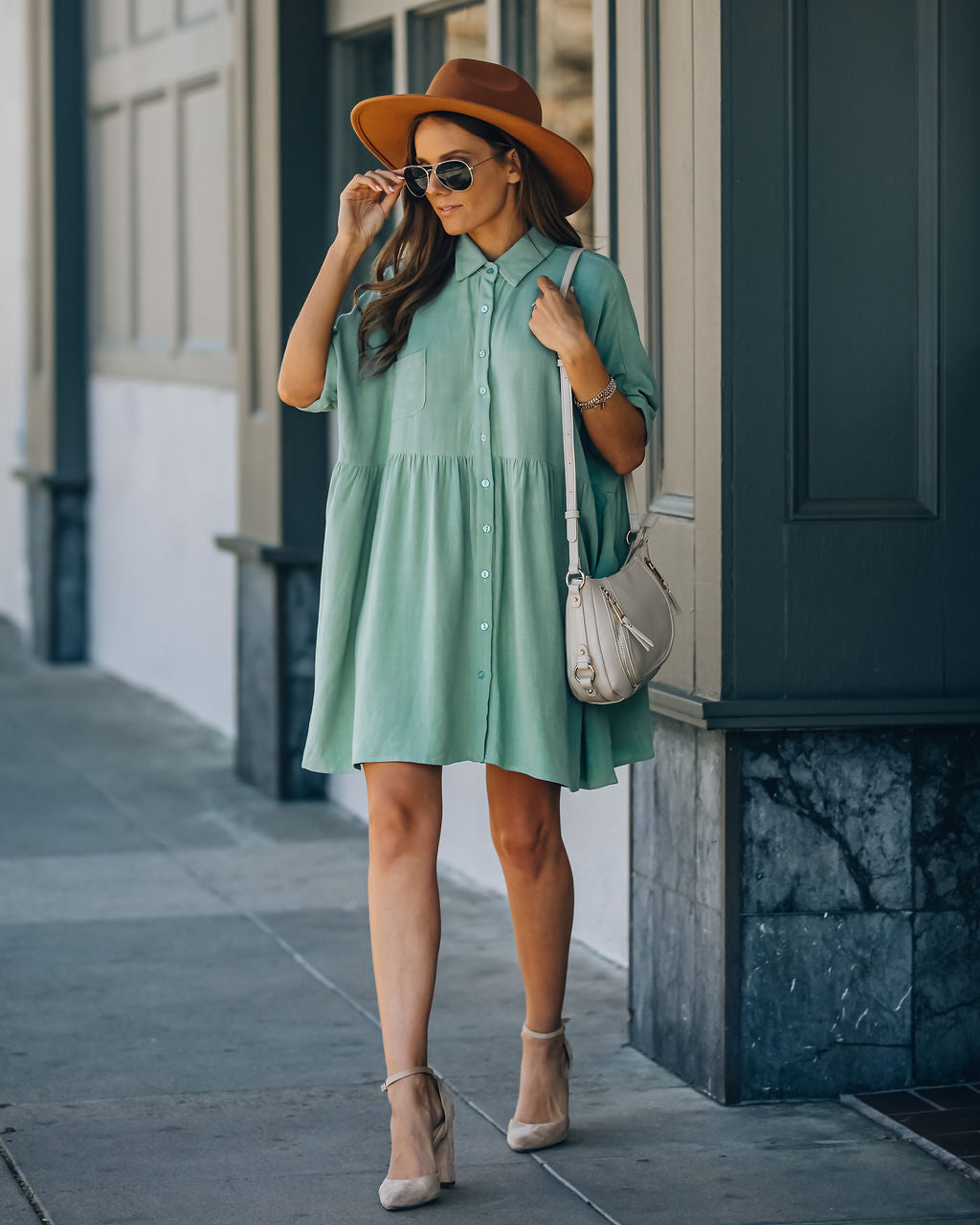 Linen Hails Blend Button Down Shirt Dress Sage