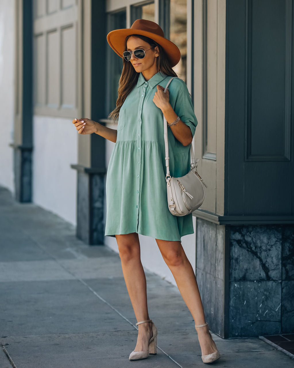 Linen Hails Blend Button Down Shirt Dress Sage