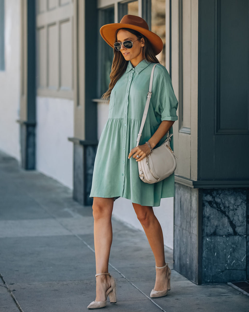 Linen Hails Blend Button Down Shirt Dress Sage