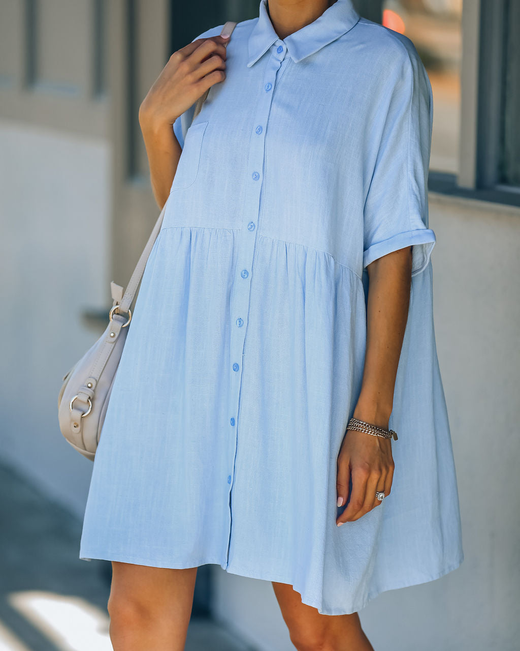 Linen Hails Blend Button Down Shirt Dress Baby Blue