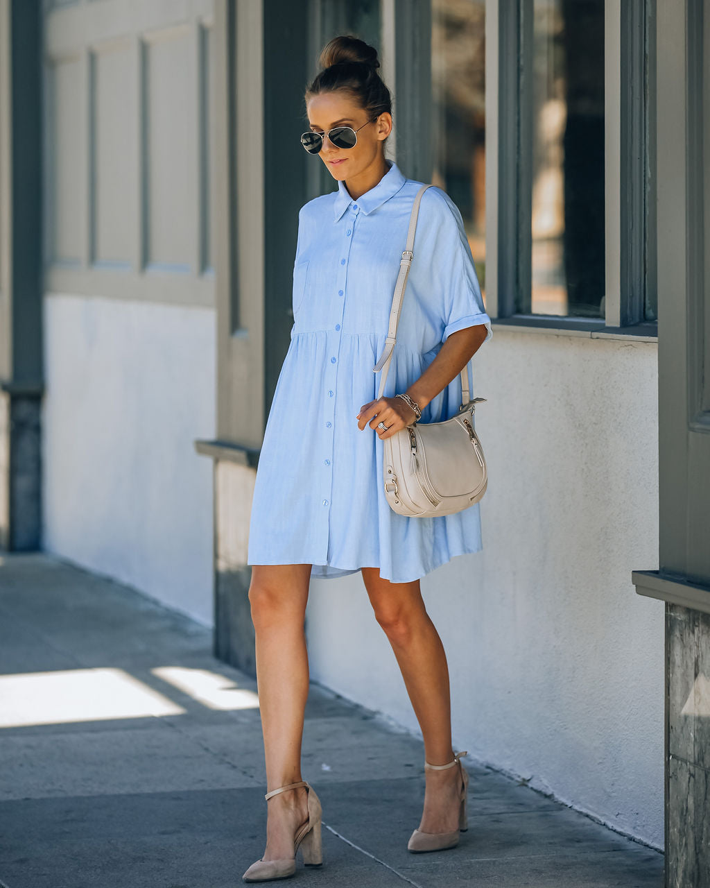Linen Hails Blend Button Down Shirt Dress Baby Blue