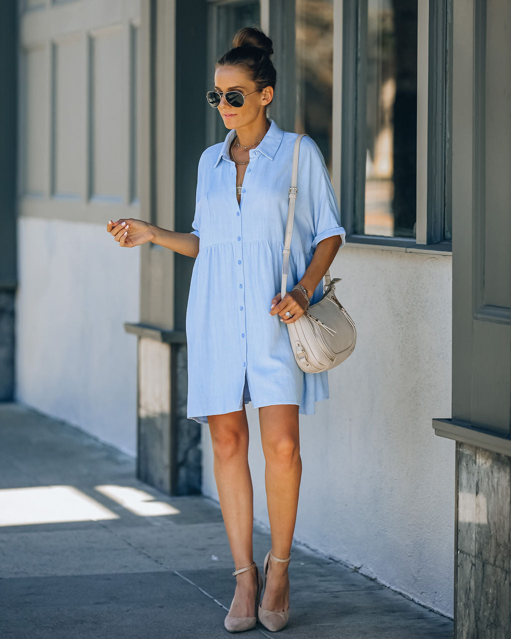 Linen Hails Blend Button Down Shirt Dress Baby Blue